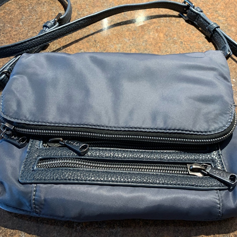 Colab by Cristopher Kon Navy Nylon Crossbody Bag, 
Leather Trim & Pockets.